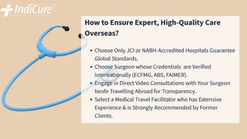 Stethoscope graphic illustrating how to ensure expert, high-quality care overseas through accreditation and surgeon credential verification.